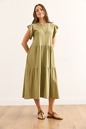 Olalook Women's Khaki Sleeve Ruffle Fragment Midi Cotton Dress Elb-19002445