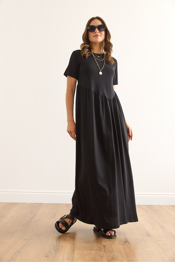Olalook Women's Black Asymmetrical Stitching Front Long Bell Cotton Dress Elb-19002446