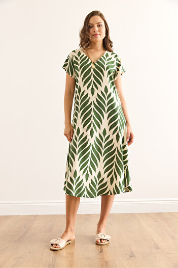 Olalook Women's Leaf Green V Neck Patterned Woven Viscose Midi Bell Dress Elb-19002443