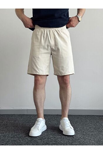 Oliggopol Men's Cream Gabardine Fabric Shorts Premium Quality Elastic Waist Detail Capri