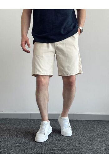 Oliggopol Men's Cream Gabardine Fabric Shorts Premium Quality Elastic Waist Detail Capri