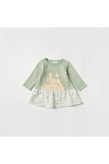 Juniors Bunny Applique Dress with Long Sleeves and Snap Button Closure