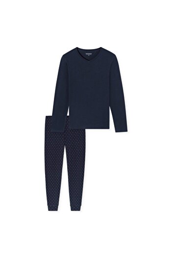 Schiesser Herren Schlafanzug, lang - Casual Essentials, Single Jersey, Baumwolle, V-Ausschnitt