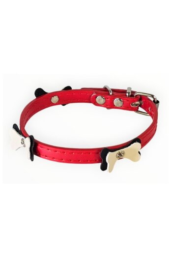 OEM Dog Collar for Small Dogs, Leather, Black with Bow Design and Crystals, 29 cm, Red/Black/Cream