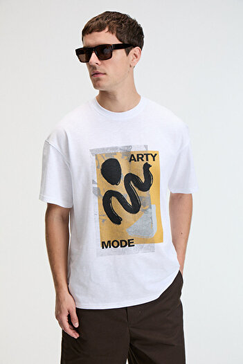 GRIMELANGE Vibe Men's 100% Cotton Oversized Fit Printed Short Sleeve Round Neck White T-Shirt