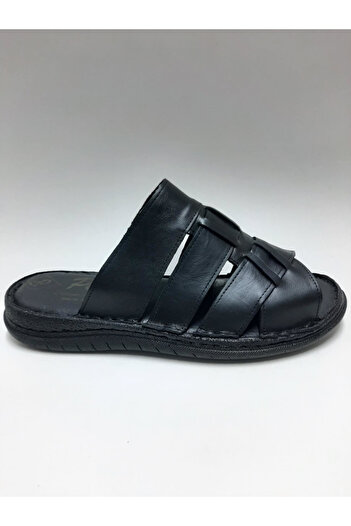 PEKER Genuine Leather Black Daily Open Toe Comfortable Sole Men's Slippers