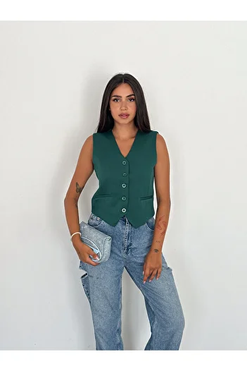 diaves Women's Green Body Fitting Woven Fabric Lined V-Neck Short Vest