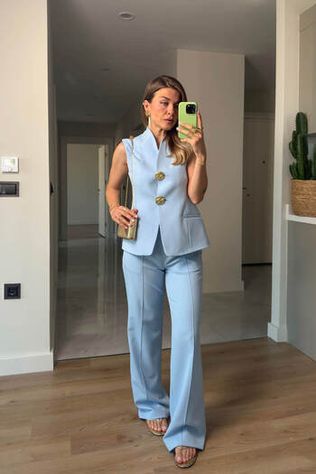 Sue Store Baby Blue Gold Buttoned Vest Trousers Set