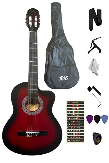 Rio Kırmızı Klasik Gitar Kesik Kasa Sap Ayarlı 4/4 Tam Boy Kılıf Kapo Pena ve Penalık Sticker Çevirici