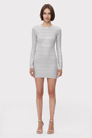 Herve Leger MINI DISCO KNIT CREWNECK DRESS - HERVE LEGER - SILVER, M