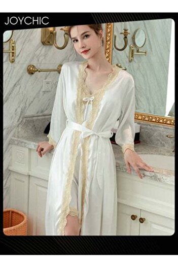 HALAMODO 2-piece Ice Silk Mid-length Nightgown for Women Spring and Summer Autumn Lace V-neck Pajamas