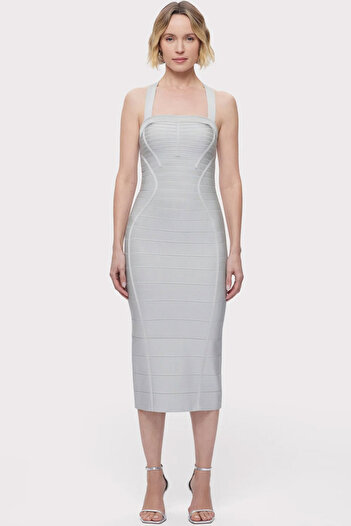 Herve Leger CROSS BACK BANDAGE MIDI DRESS - HERVE LEGER - GREY, M