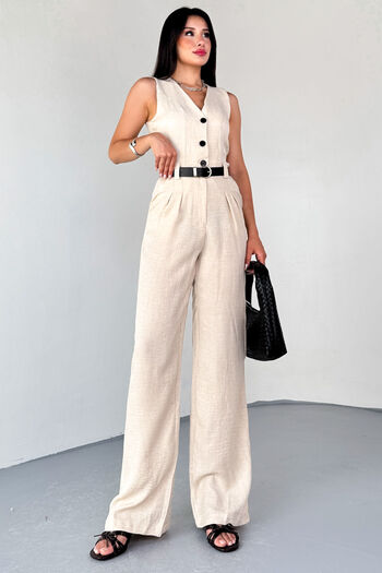 Cappmoda Elb-01806 Stone Color Button Detailed Linen Belted Summer Jumpsuit
