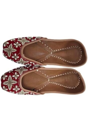 Generic Traditional Indian Jutti Flats, Red Velvet with Pearl Embroidery, Handcrafted Women's Mojari Shoes,