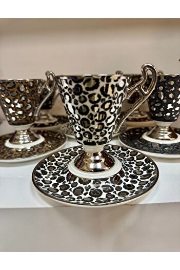 hediye Esterhomedecor 6 Person Porcelain Coffee Cup Set with Leopard Silver