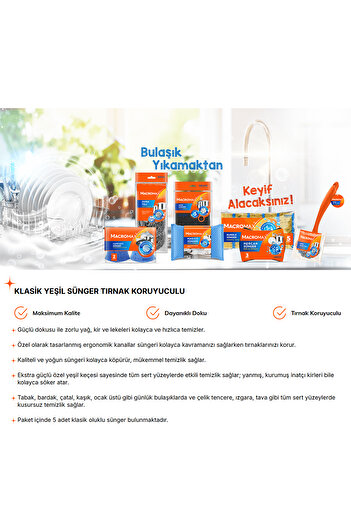 MACRO MAX Klasik Yeşil Sünger - Tırnak Koruyuculu 5'li Paket