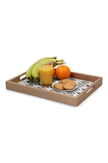 Bien Servi Rectangle Shape Lines Design Wooden Serving Tray Brown