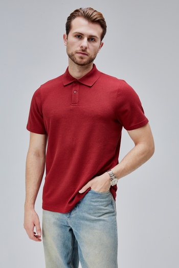 M MOONCOVER Moon Cover Men's Standard Fit Waffle Fabric Polo Neck T-Shirt – Burgundy