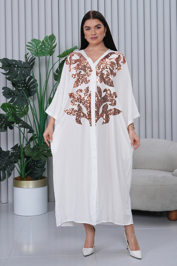 EL jadida Women's Sequined Buttoned Plus Size Viscose Long Dress White