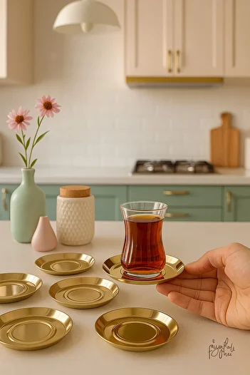 Fiyakalı Ürünler Atölyesi 6 Pieces Stainless Steel Gold Color Tea Plate Set, Coaster, Stylish, Presentation, Invitation, Guest Presentation