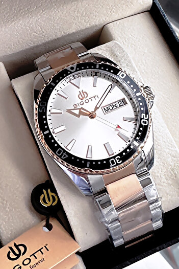 Bigotti Special Boxed 5 Atm Waterproof Men Wristwatch Rose Silver Steel Band + Gift Bracelet Bme2024C3