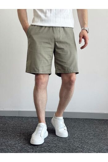 Oliggopol Men's Green Gabardine Fabric Shorts Premium Quality Elastic Waist Detail Capri