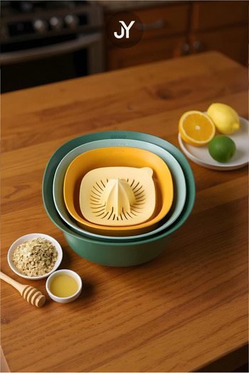 Justyol 5-Piece Kitchen Prep Set – Mixing Bowl, 3200ml Strainer, Lemon Squeezer – Multi-Purpose Plastic Set