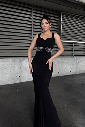 Mossta Heart Neckline Stone Detailed Long Evening Dress - Black