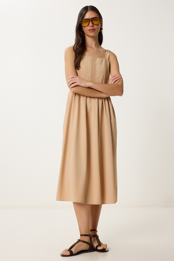 Lovelyİstanbul Rochie din poplin cu detaliu nervurat BEJ LRC0003