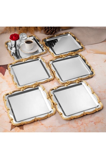 Elzemm store 6 Pcs Stainless Steel Square Gold Frame Service and Presentation Tray Luxury
