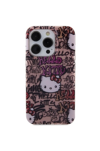 Hello Kitty Carcasă pentru iPhone 15 Pro - Carcasă rigidă Hello Kitty cu etichete IML Graffiti (HKHCP15LHDGPTP) - Roz