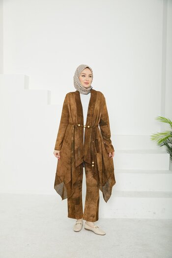 Armine TREND ARMİNE TREND Τριπλό Σετ με Παντελόνι, Χτενισμένο Βαμβάκι και Κασκόλ-Καφέ 24KT678