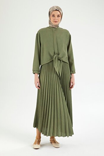 Armine TREND Armi̇ne Trend Pleated Skirt with Elastic Sleeves and Ribbon Detail at the Waist Double Suit-Khaki 25Yt656