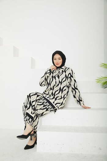 Armine TREND Armi̇ne Trend Shirt Collar Skirt Elastic Waist Double Suit-Black - White-25Yt601