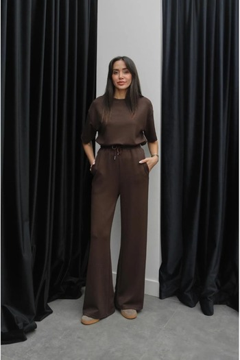 Patreon Brown Women's Modal Fabric Short Sleeve Tracksuit Set