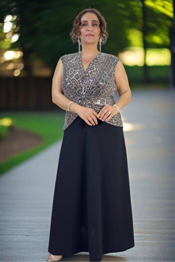 yagmurberen Kruvaze Cut Pul Paillettes Detailled Flare Cut Double Crepe Skirt Plus Size Evening Dress