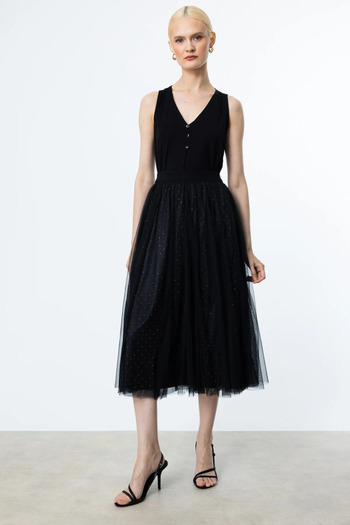 Ekol Women's Self Patterned Tulle Skirt 1526 Black