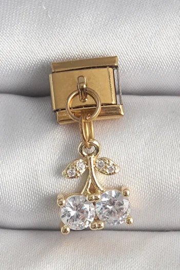 Toptan Bulurum 316L Steel Gold Color Hanging Zircon Stone Cherry Model Nomination Charm