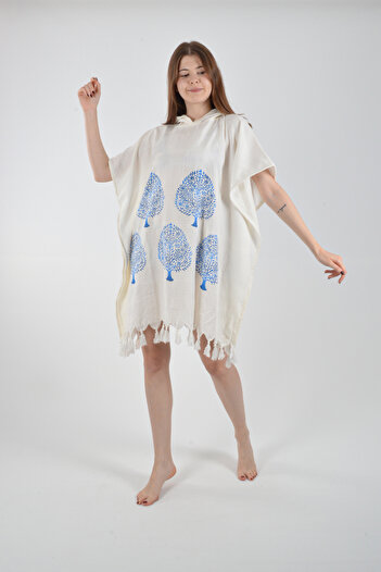 REİNA TEKS Viscon Hooded Ethnic Blue Tree Pattern Poncho 1 Piece Pareo