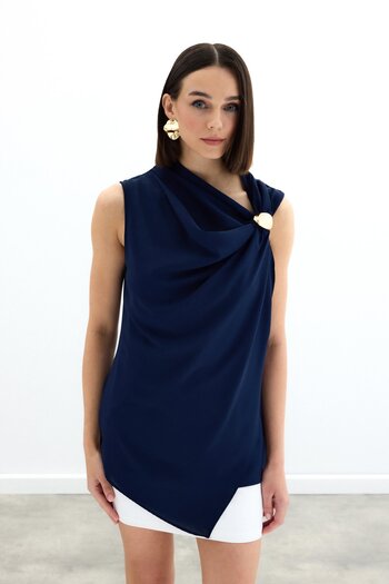 Sateen One Shoulder Accessory Blouse - Navy Blue