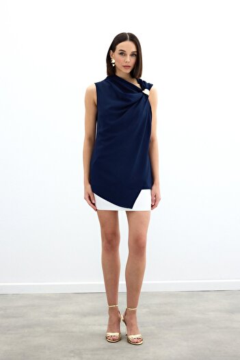 Sateen One Shoulder Accessory Blouse - Navy Blue