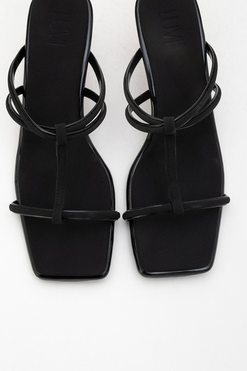 LuviShoes Papuci cu toc pentru femei MOCHA, negru, cu vârf pătrat, cu bandă subțire