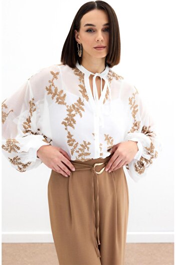 Sateen Nakışlı Şifon Gömlek - Camel