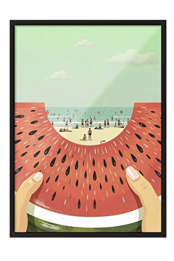 Postifull Black Framed Poster, Watermelon Slice on the Beach, Illustration, Yellow Color Poster, 2025 Summer Selection, No:1