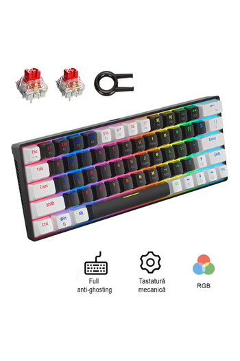 QuTek Tastatura Mecanica Gaming Qutek, 60%, Lumini LED, 63 taste, cu cablu Type-C, Red Swtich, Portabila