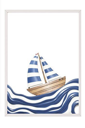 Postifull White Framed Poster Painting, Blue Striped Sailboat, Illustration, Blue Color Poster, 2025 Summer Selection