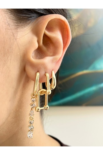 Vitastyle Gold Color Zircon Stone Detailed Dangle Steel 3-Piece Earrings