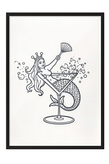 Postifull Black Framed Poster, Mermaid Cocktail, Illustration, Black & White Color Poster, 2025 Summer Selection
