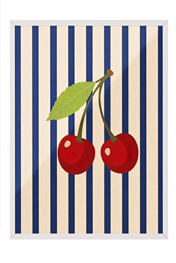 Postifull White Framed Painting, Sweet Cherries, Illustration, Maximalist, Blue Color Poster, 2025 Summer Selection,