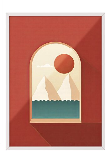 Postifull White Framed Painting, Scenic Window, Illustration, Red Color Poster, 2025 Summer Selection, No:10